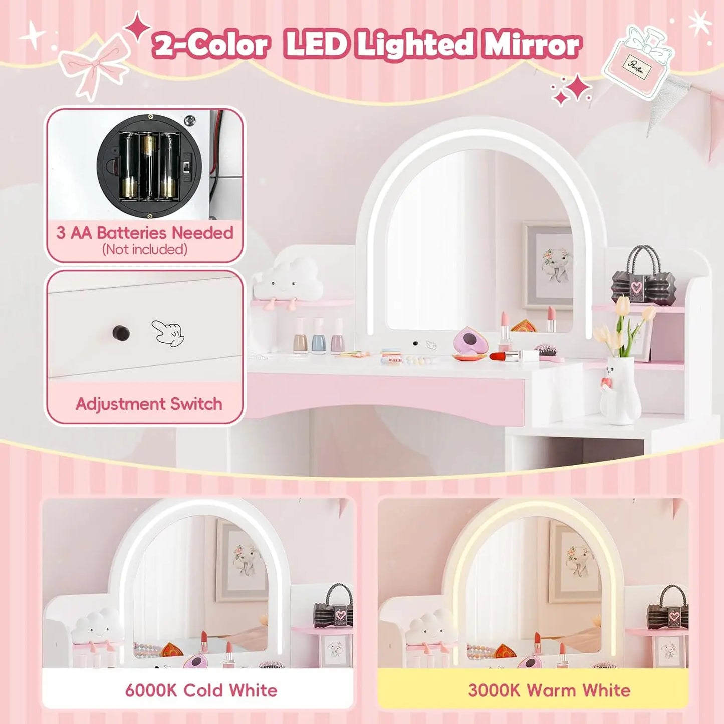 Kids Vanity Lights TwoInOne Makeup Dressing Desk Chair Set