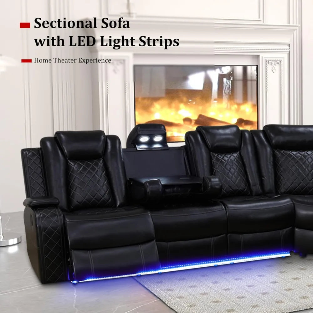 XMSJ Power Recliner Sectional Sofa With LED Lights USB Ports