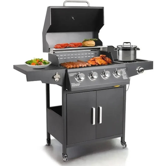 Propane Gas Grill 4 Burners With Side Burner Steel Cart