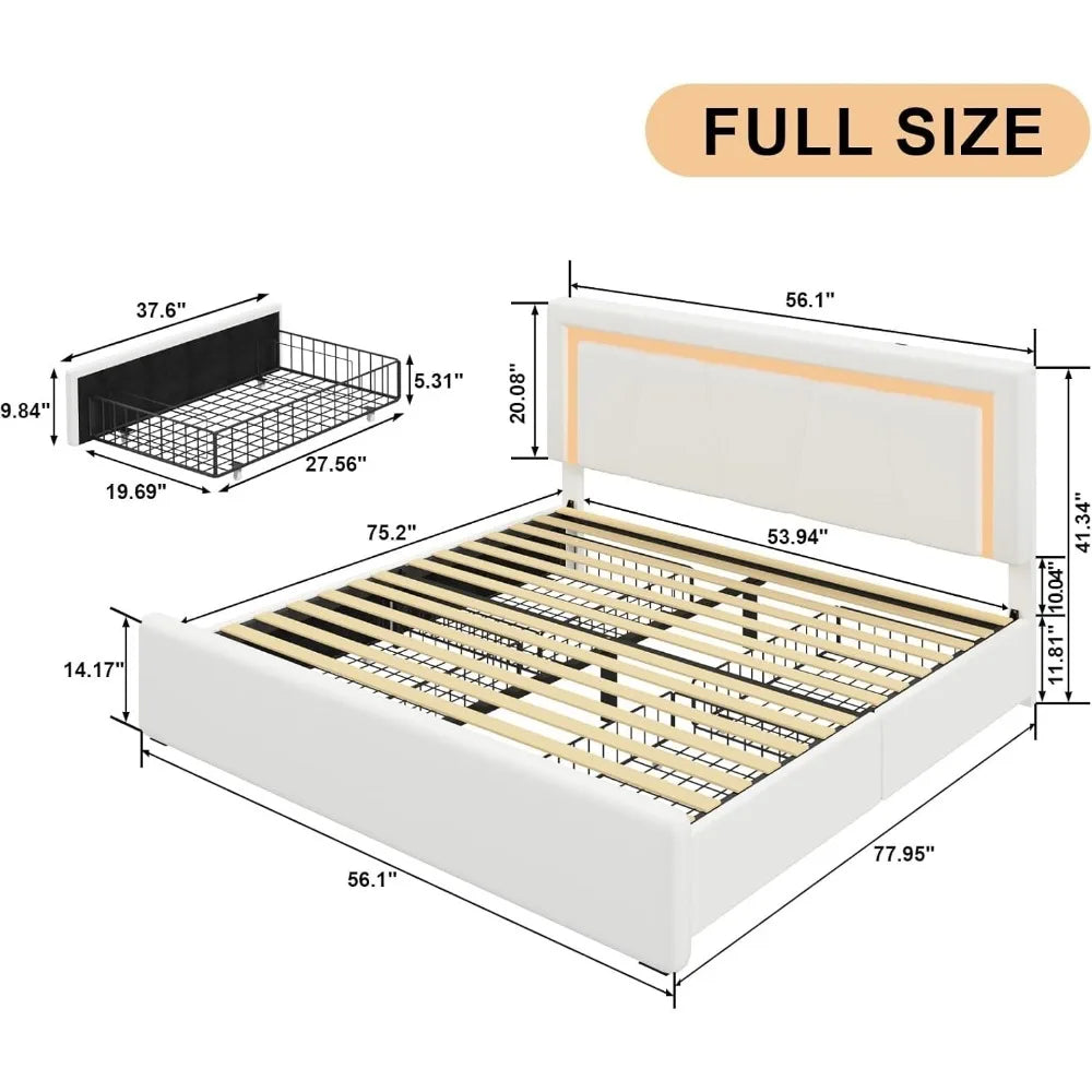 Full Bed Frame With Storage Drawers And Premium USB Ports