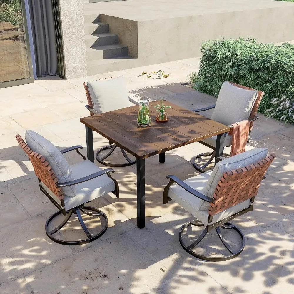 Outdoor Dining Set With Wicker Swivel Chairs And Square Woodgrain Table