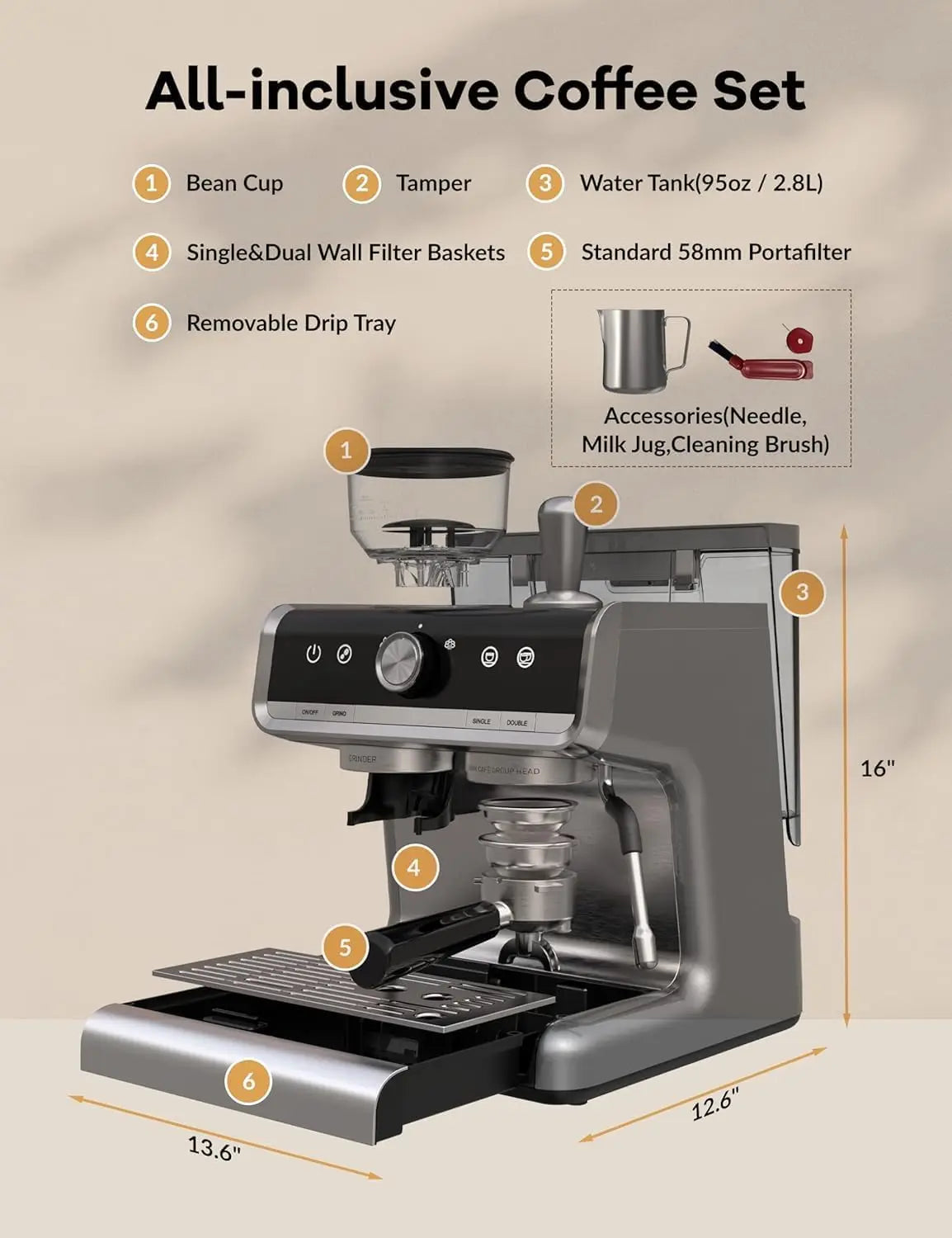 Acekool 20 Bar Espresso Machine With Grinder For Latte Cappuccino