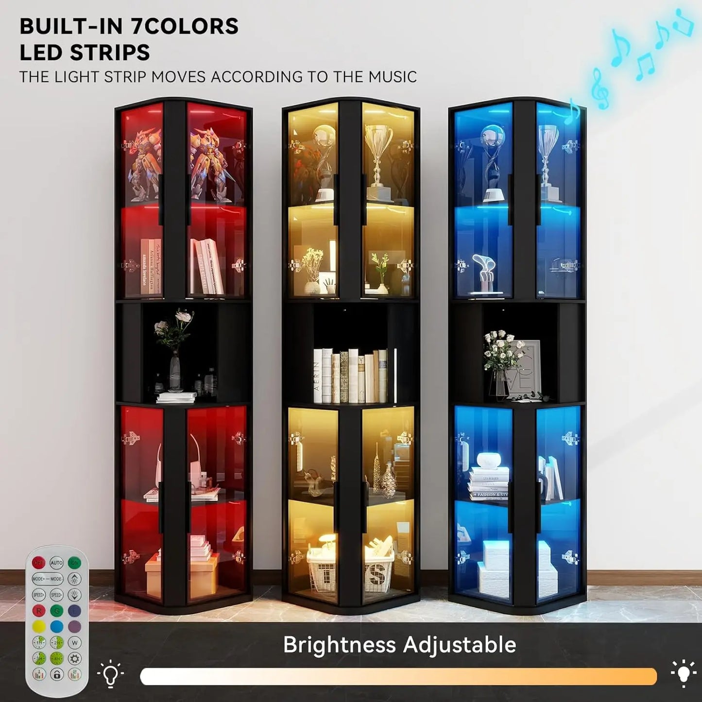 Glass Display Cabinet With Lighting Five Tier Curio For Collectibles