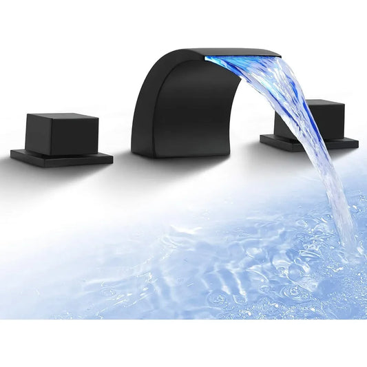 Waterfall Spout Three-Hole Deck-Mount Bathroom Faucet With Knobs