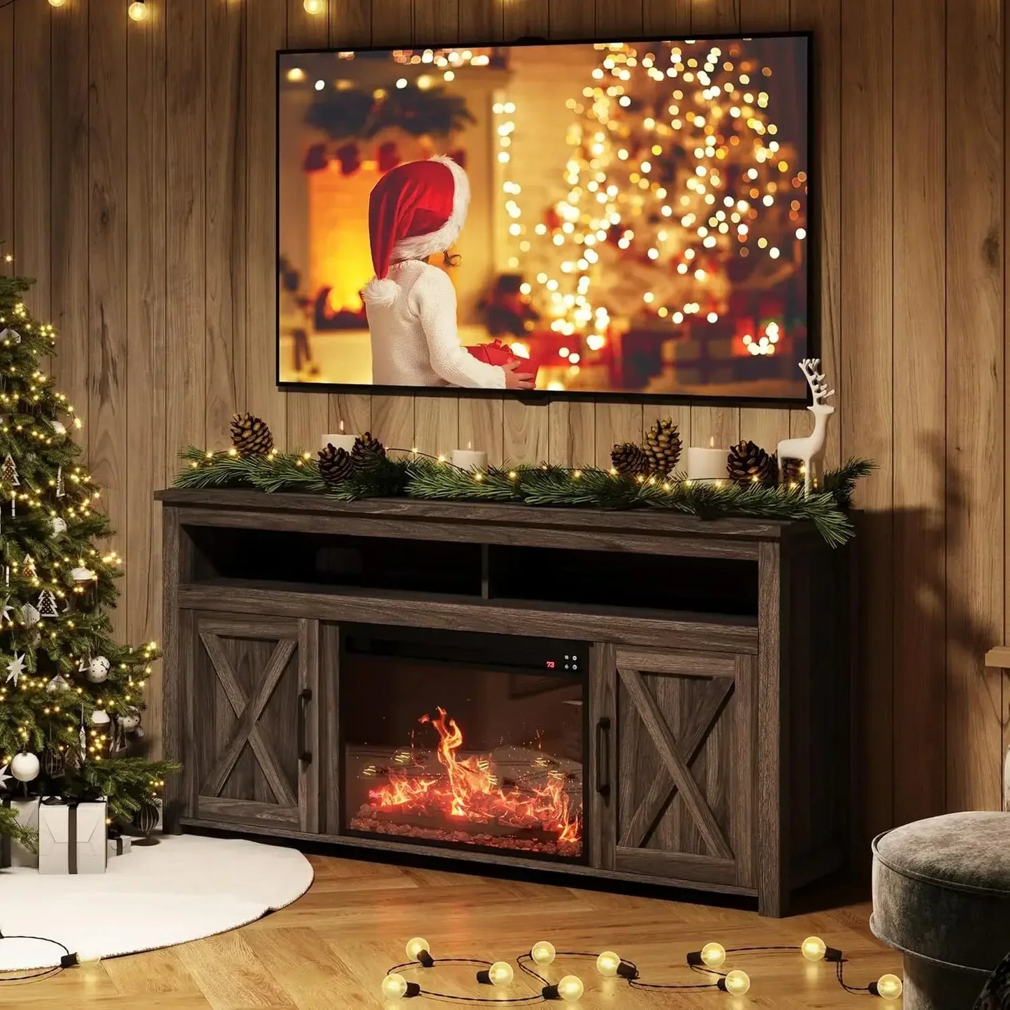 Barn Door Wood Electric Fireplace TV Stand With Open Shelves