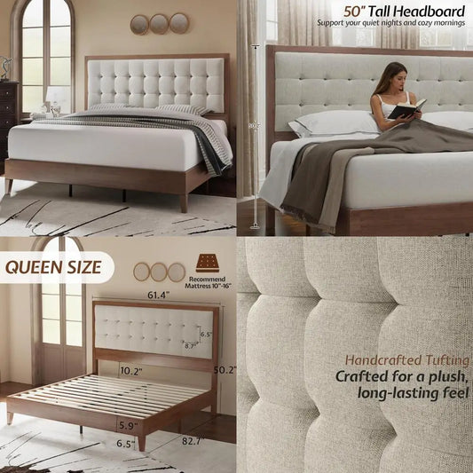 Walnut Wood Bed Frame With Tall Upholstered Tufted Headboard