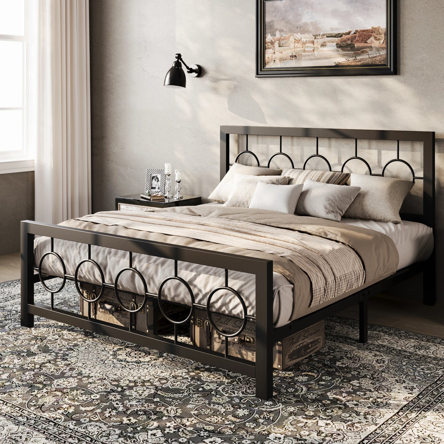 HOOMIC Metal Platform Bed Frame With Vintage Circular Headboard And Footboard