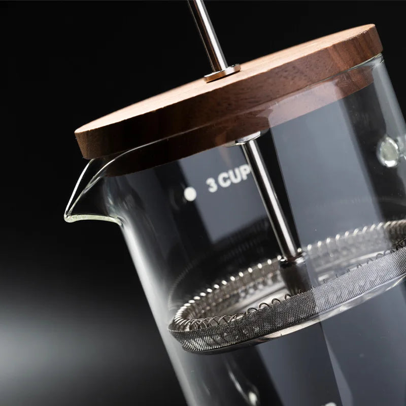 French Press Coffee Pot With Black Walnut And Borosilicate Glass