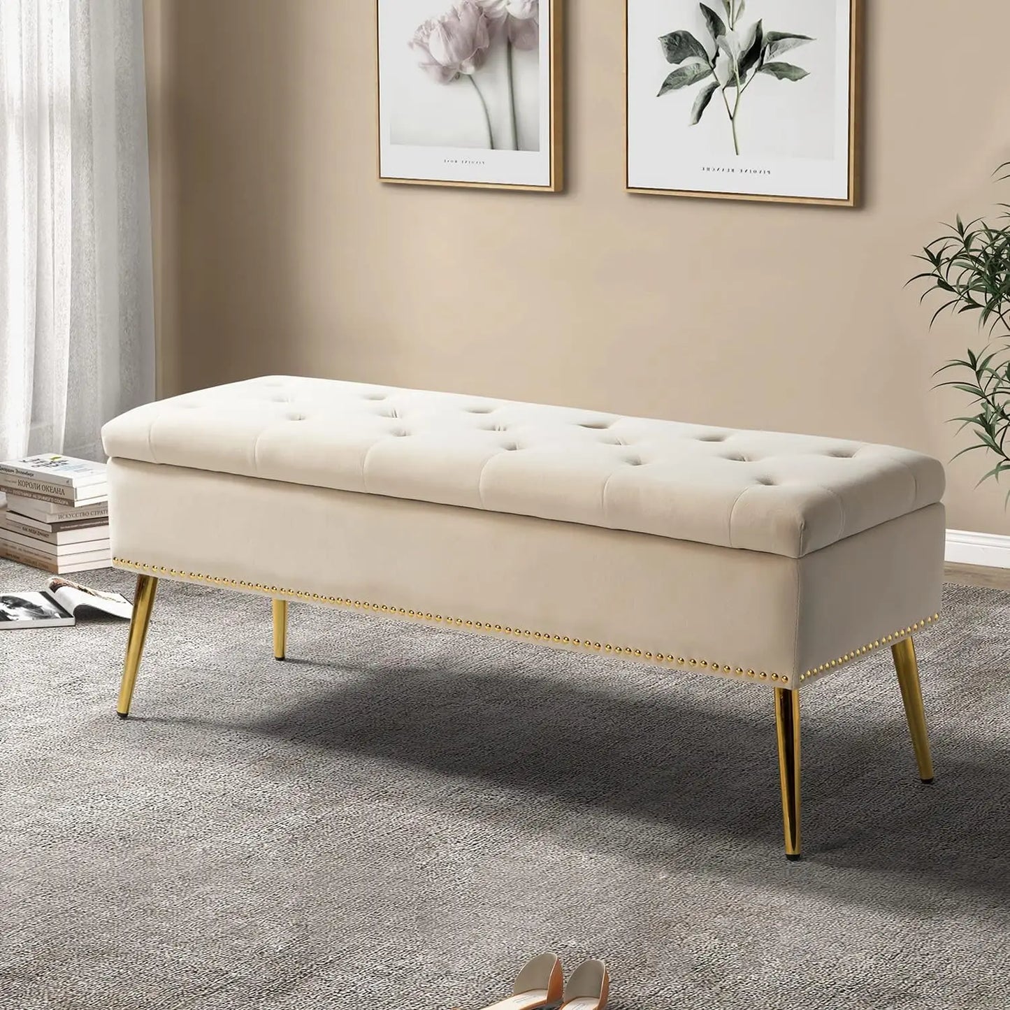 Velvet Storage Ottoman Bench With Base And Nailhead Trim