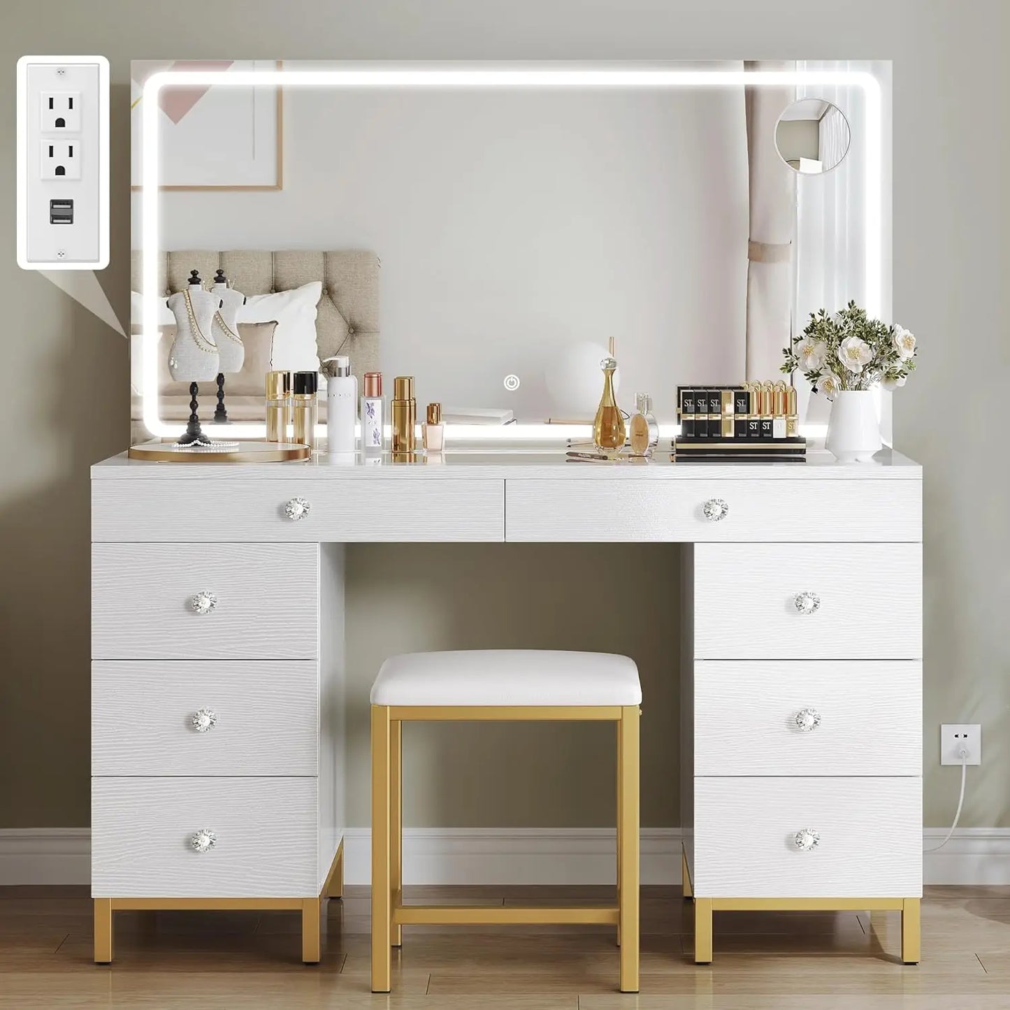 XMSJ Vanity Desk With Mirror And DimmableLightingSystem EightDrawers ForBedroom Storage