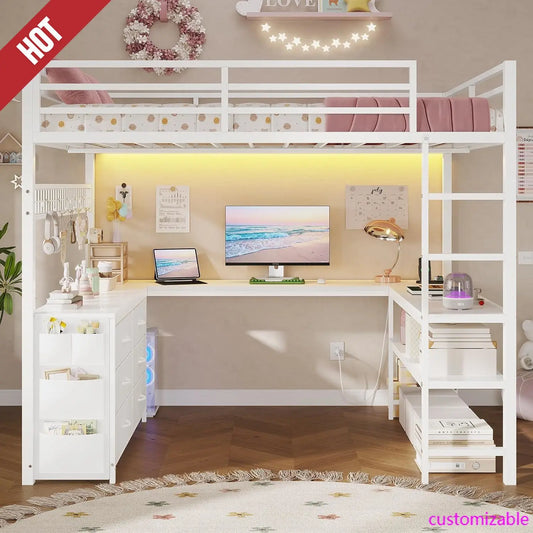 XMSJ Loft Bed With U Shaped Desk And Storage Drawers
