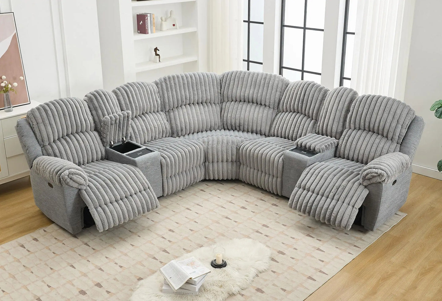 TODRANICN Power Reclining L Shaped Fuzzy Rabbit Plush 5 Seater Sofa Set