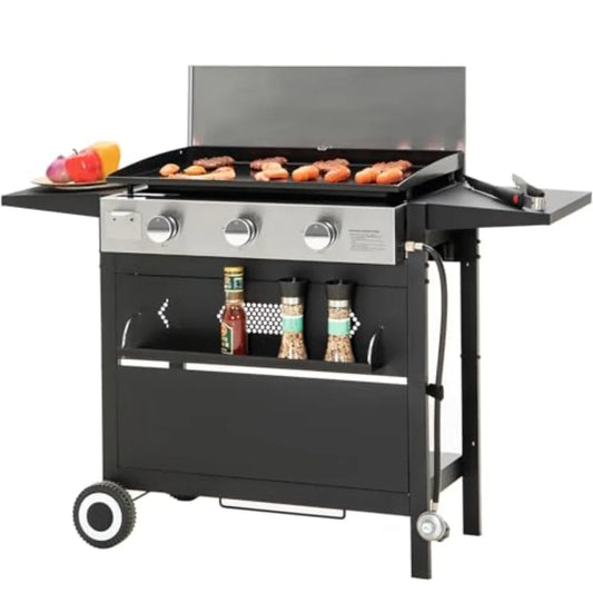 Flat Top Grill With Ceramic Coated Cast Iron Griddle 3 Burner Propane Barbecue