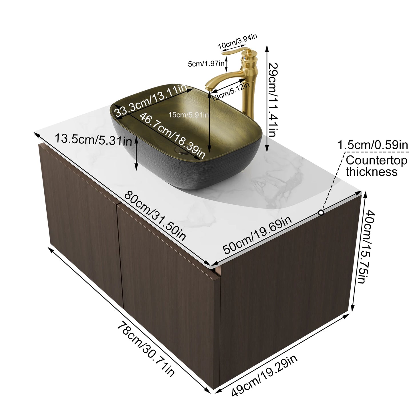 Hign-concerned Floating Vanity Sink Combo Ceramic Basin Stone Top