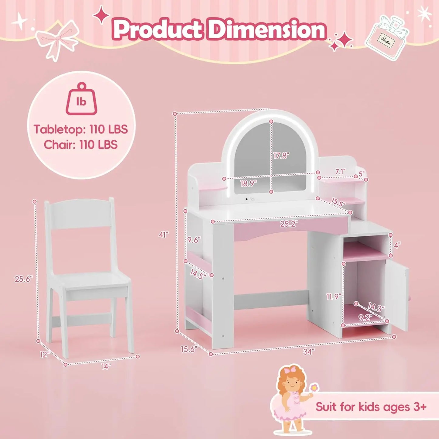 Kids Vanity Lights TwoInOne Makeup Dressing Desk Chair Set