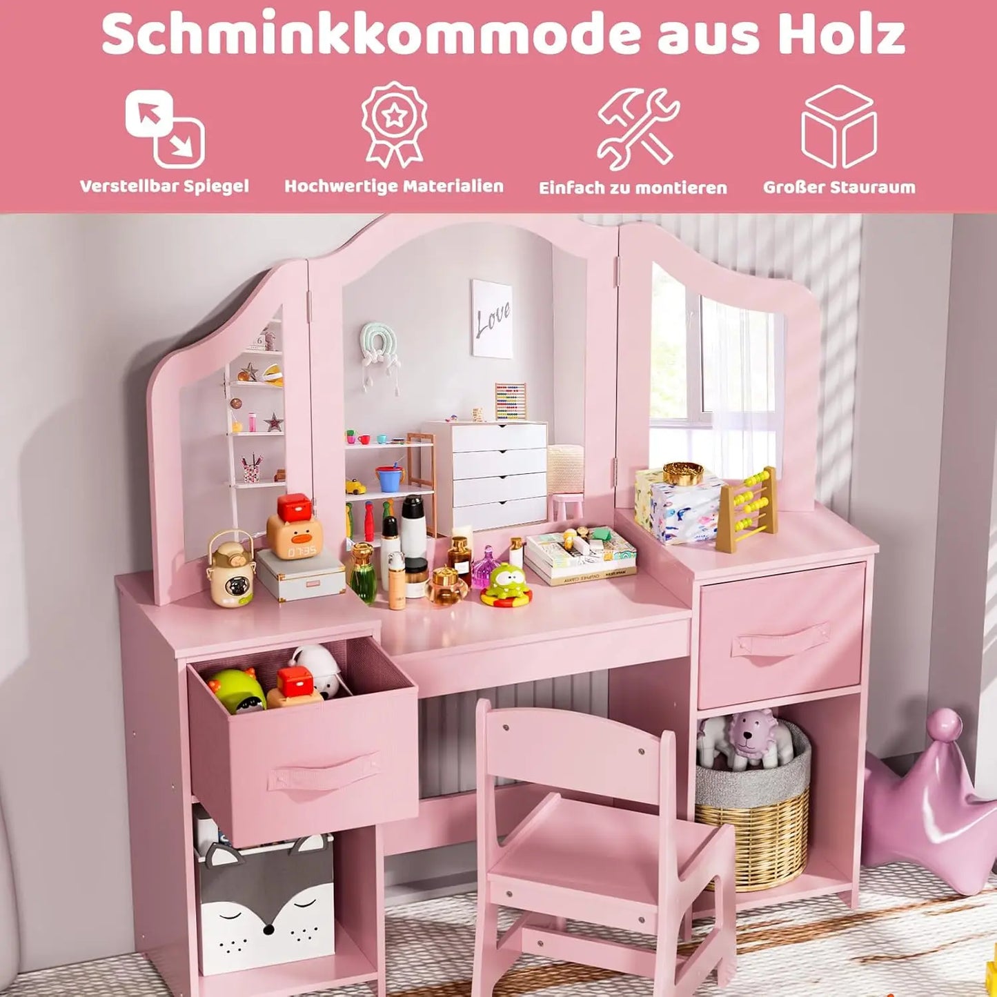 Hign-concerned Kids Vanity Table Set With Removable Mirror