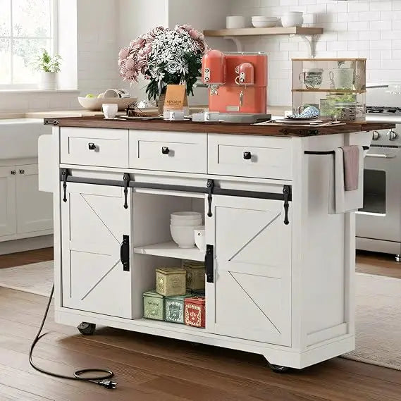 Farmhouse Kitchen Island On Wheels With Drop Leaf Power Outlet