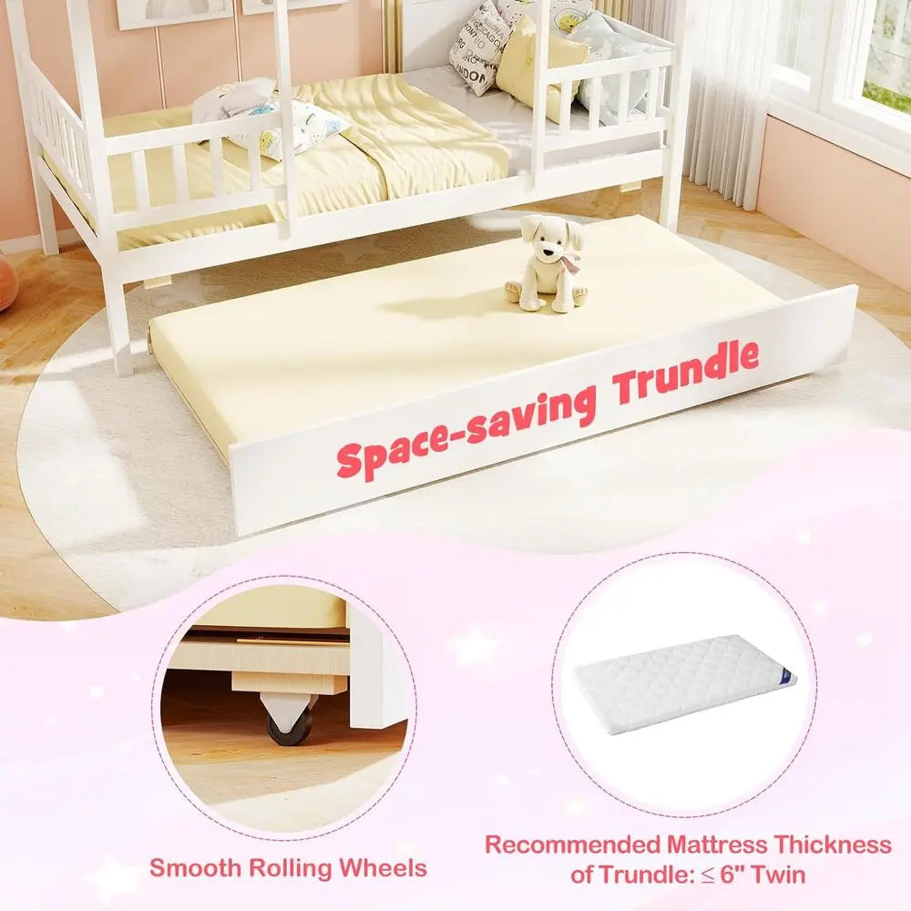 High-concerned House Bed With Trundle And Wooden Montessori Frame