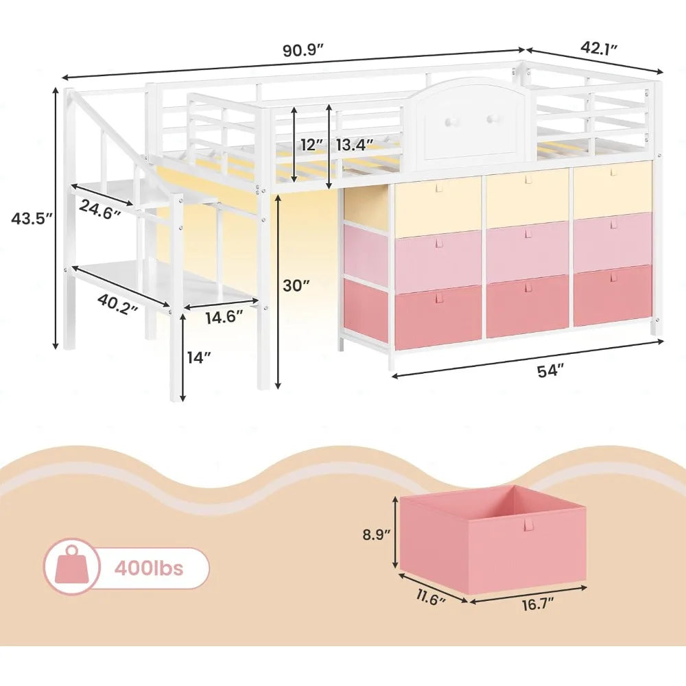 Loft Bed With Drawers, LED Lights, Metal Frame, Staircase Storage