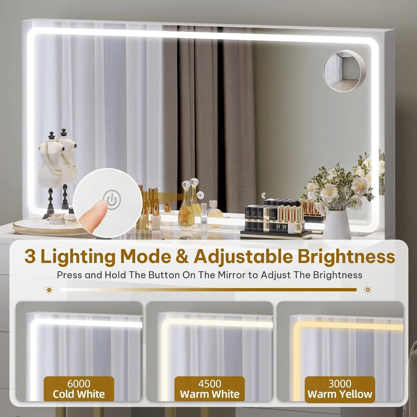 XMSJ Vanity Desk With Mirror And DimmableLightingSystem EightDrawers ForBedroom Storage