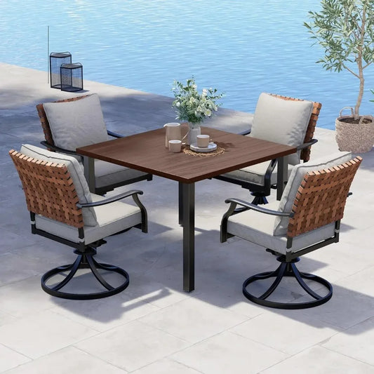 Outdoor Dining Set With Wicker Swivel Chairs And Square Woodgrain Table