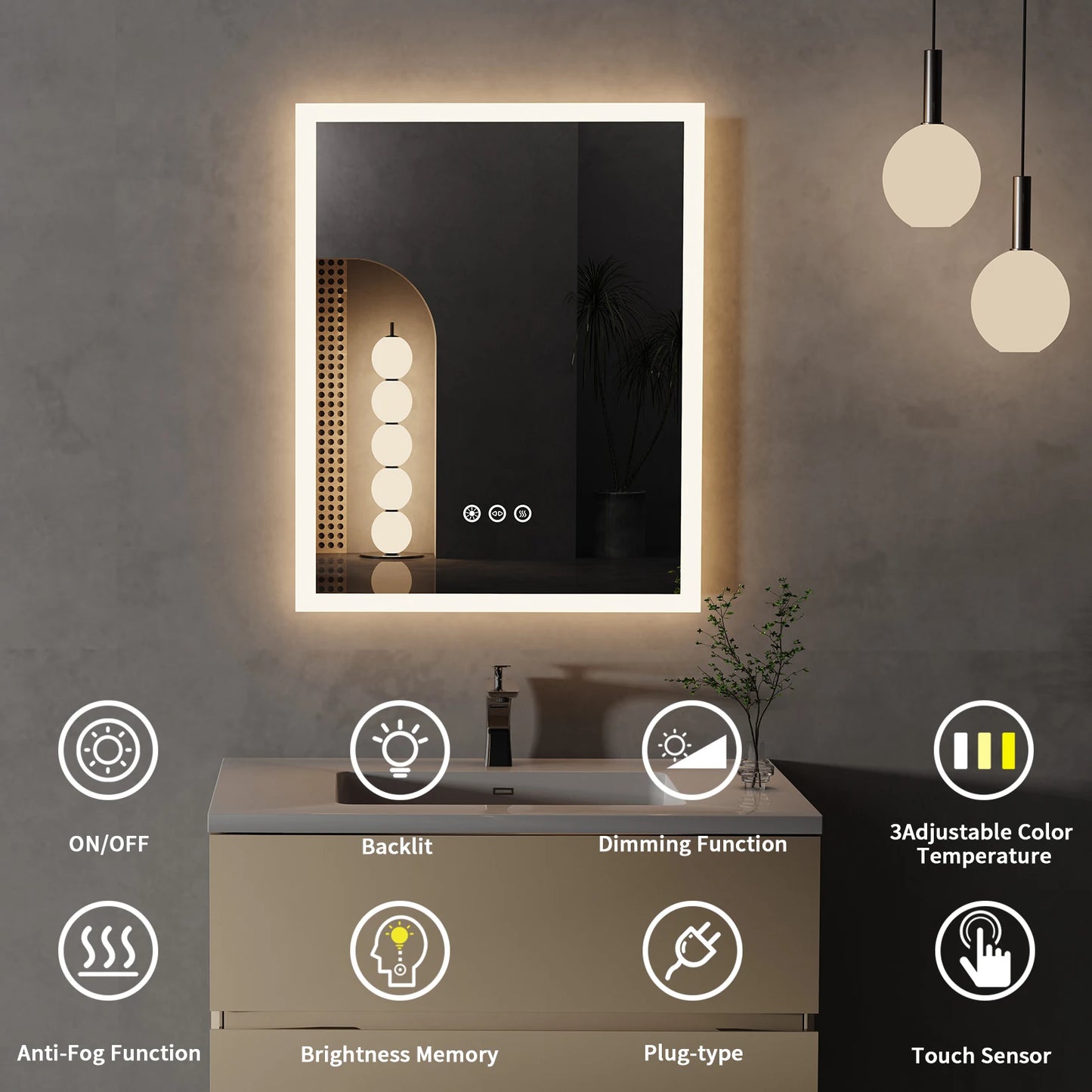 Wisfor LED Lighted Bathroom Mirror Anti Fog With Memory