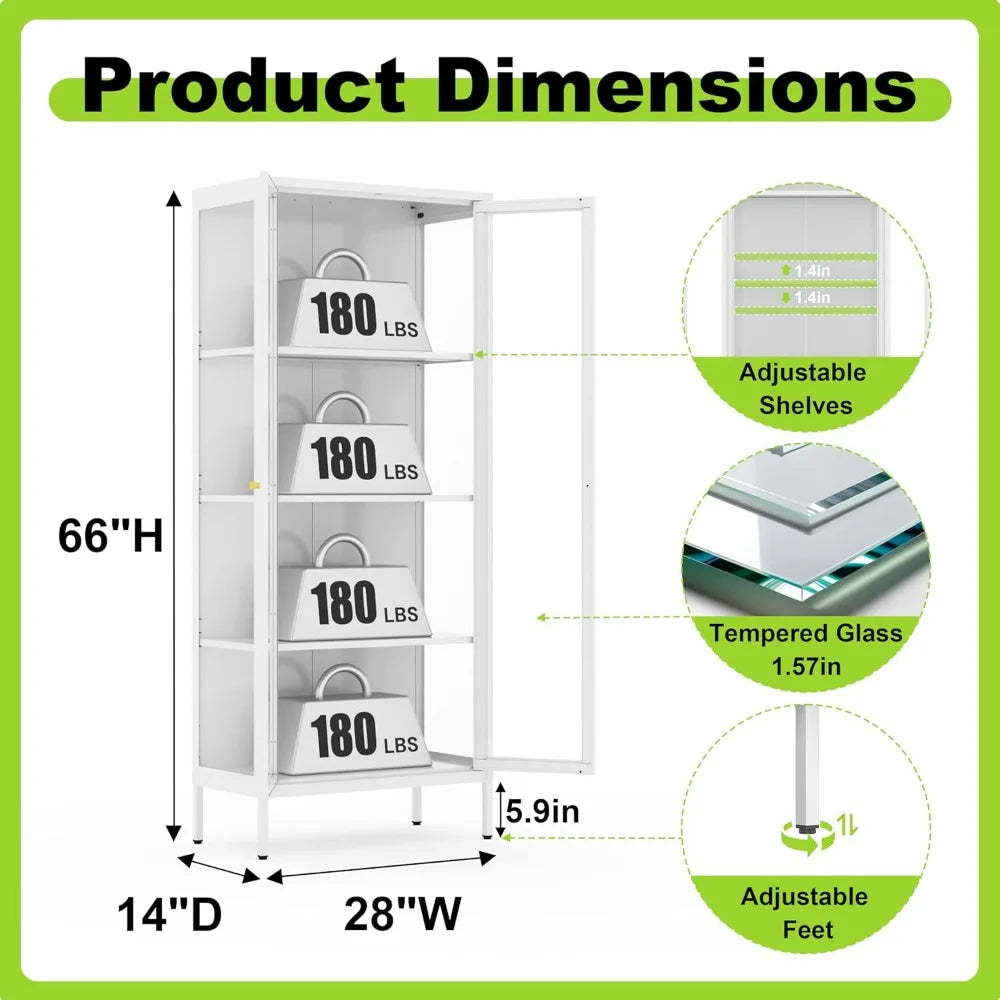 MKDK Glass Door Display Cabinet 4 Tier Tempered Glass Curio