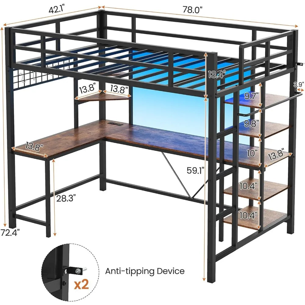 Loft Bed With L Shaped Desk Storage Shelves And Charging