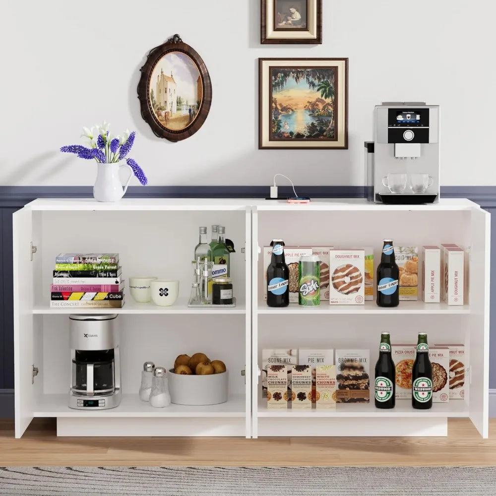 LED Illuminated Sideboard With Charging Station White Wood Dining Cabinet