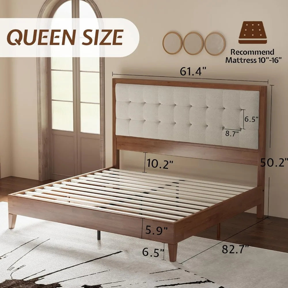 Walnut Wood Bed Frame With Tall Upholstered Tufted Headboard