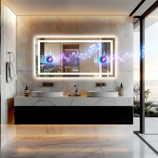 LUVODI Illuminated Bluetooth Bathroom Mirror With Anti Fog LED Vanity Speaker