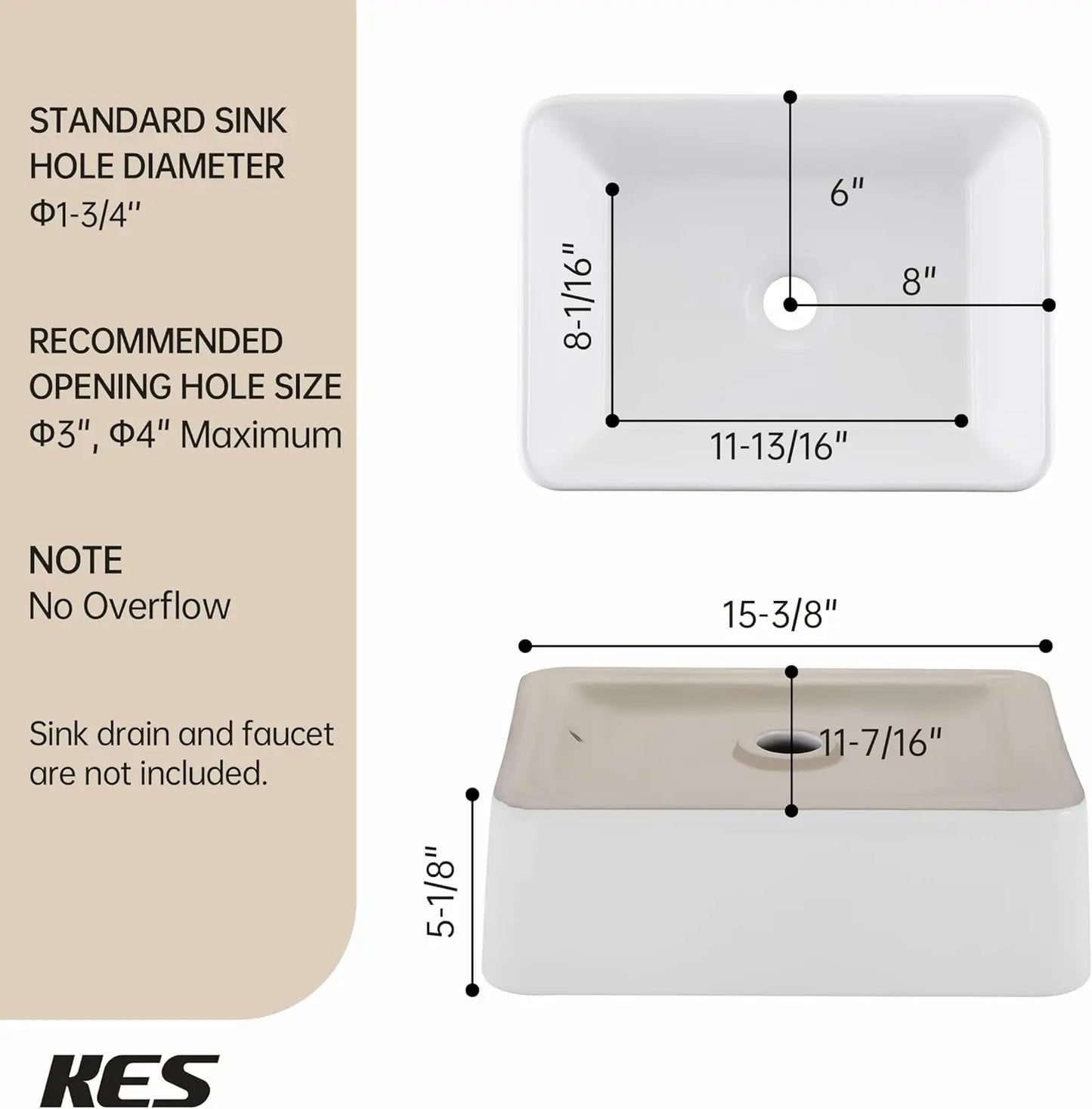 Rectangular Porcelain Vessel Sink for Bathroom Countertop Above Counter Vanity