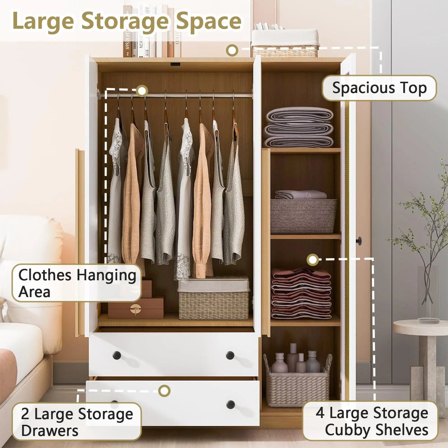 General Use Armoire Wardrobe Cabinet With Hanging Rod And Doors