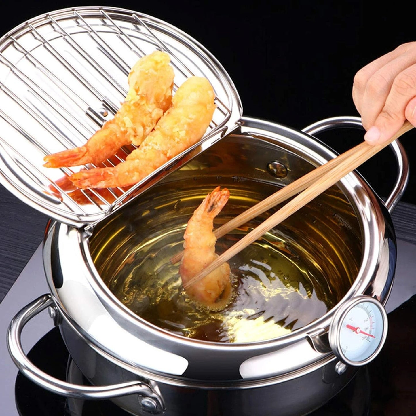 LISM Japanese Tempura Frying Pot With Thermometer And Lid Stainless Steel