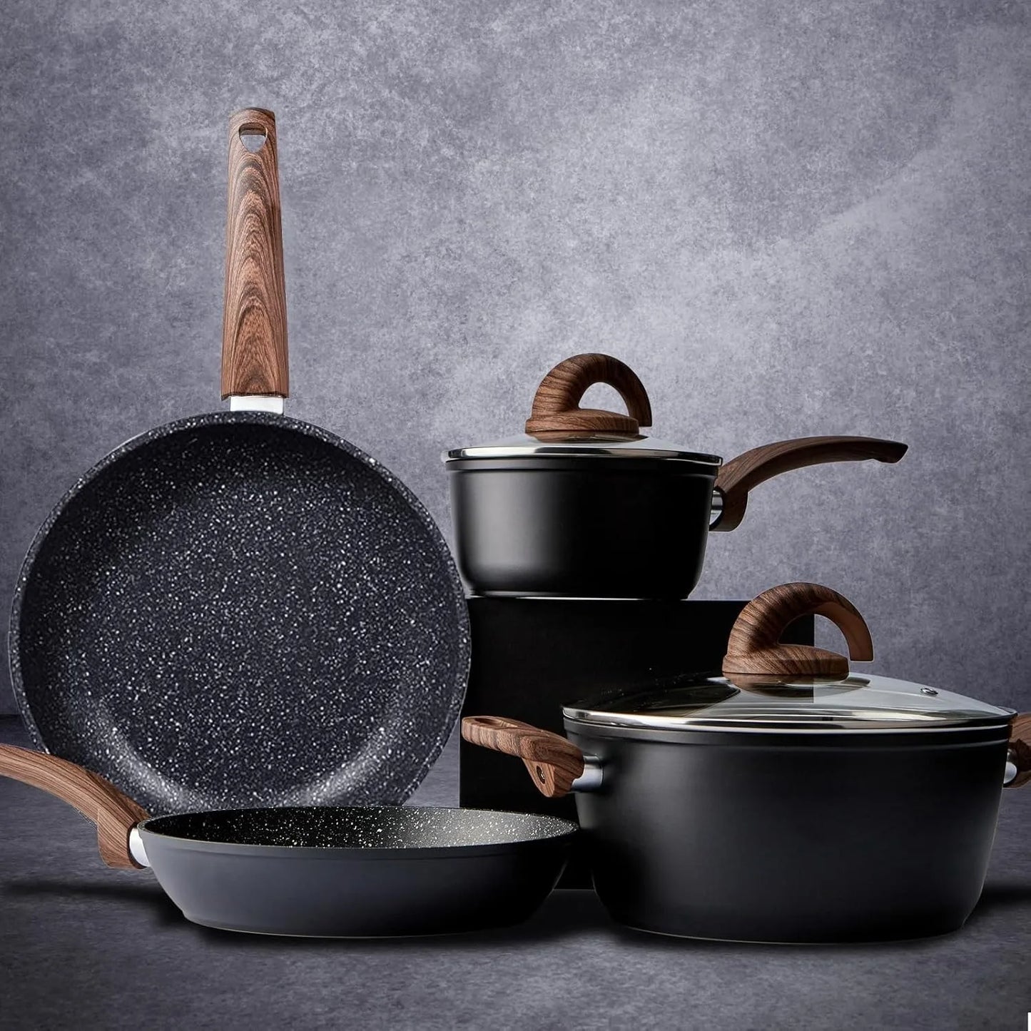 Nonstick Ceramic Cookware Set Six Piece Induction Ready Granite Pattern