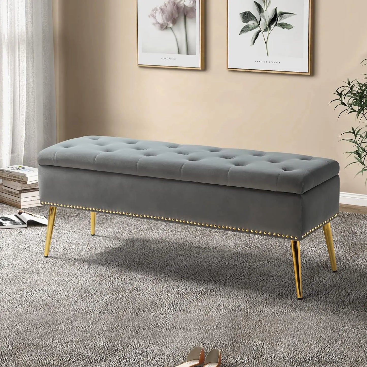 Velvet Storage Ottoman Bench With Base And Nailhead Trim