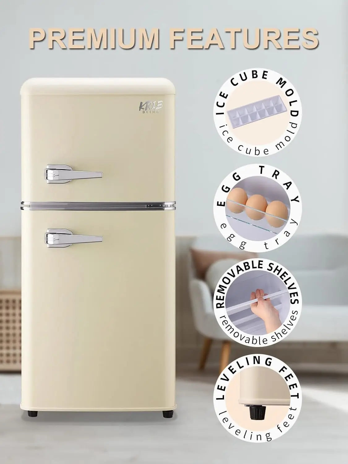 Krib Bling Mini Fridge With Freezer Retro Design For Home