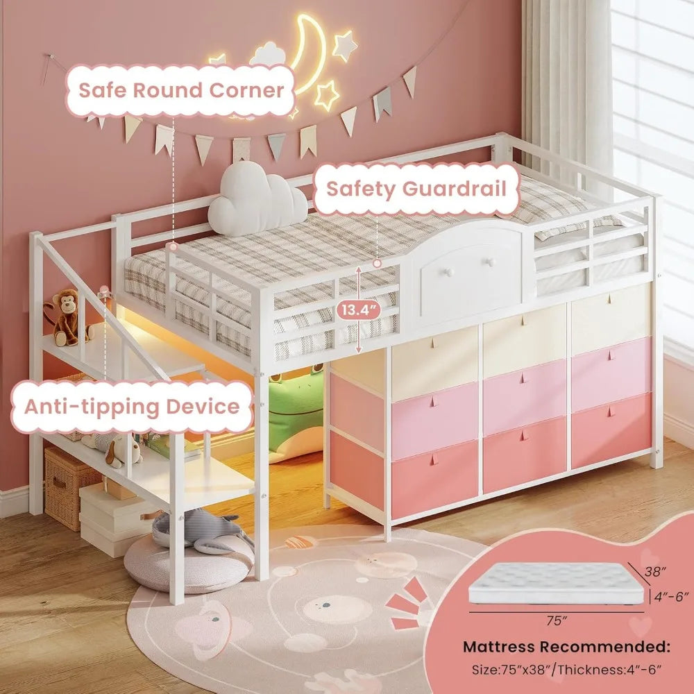Loft Bed With Drawers, LED Lights, Metal Frame, Staircase Storage