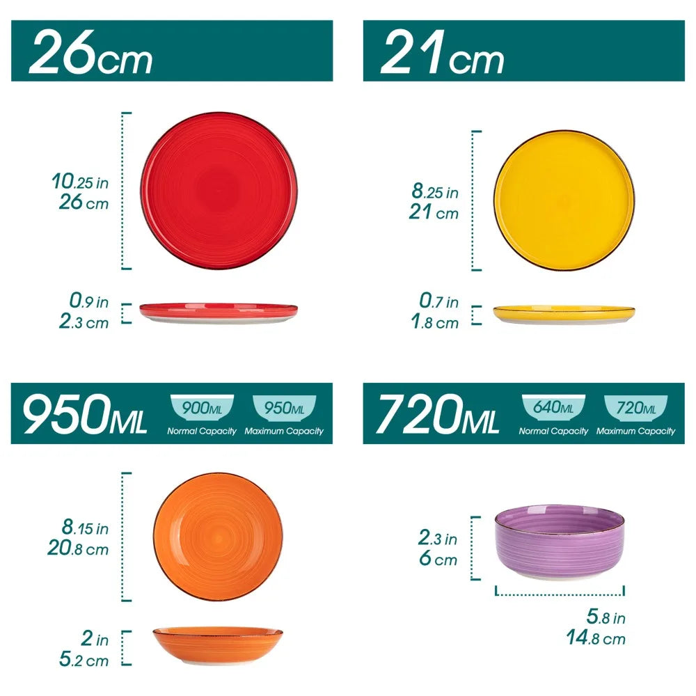 MALACASA 24 Piece Ceramic Plate Tableware Set Mix Color