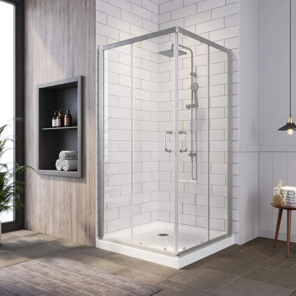 Corner Shower Enclosure With Double Sliding Glass Doors