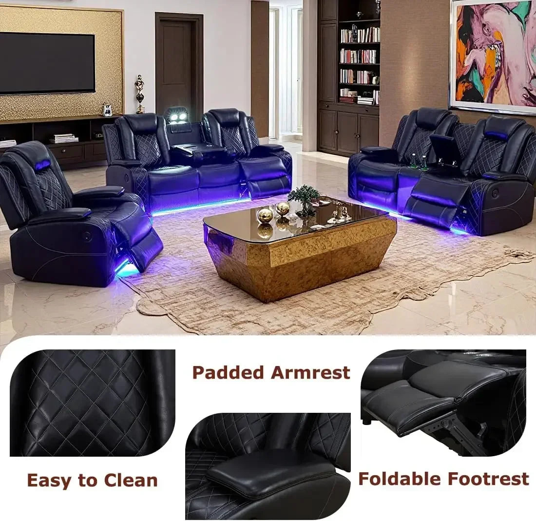 Power Recliner Sofa Set 3-Piece Sectional With LED Lights