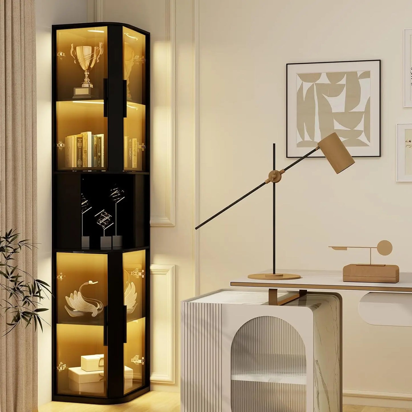 Glass Display Cabinet With Lighting Five Tier Curio For Collectibles