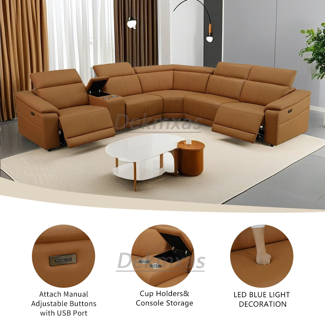 Dekmxas Breathing Leather Power Recliner Sectional Sofa Set Cup Holders