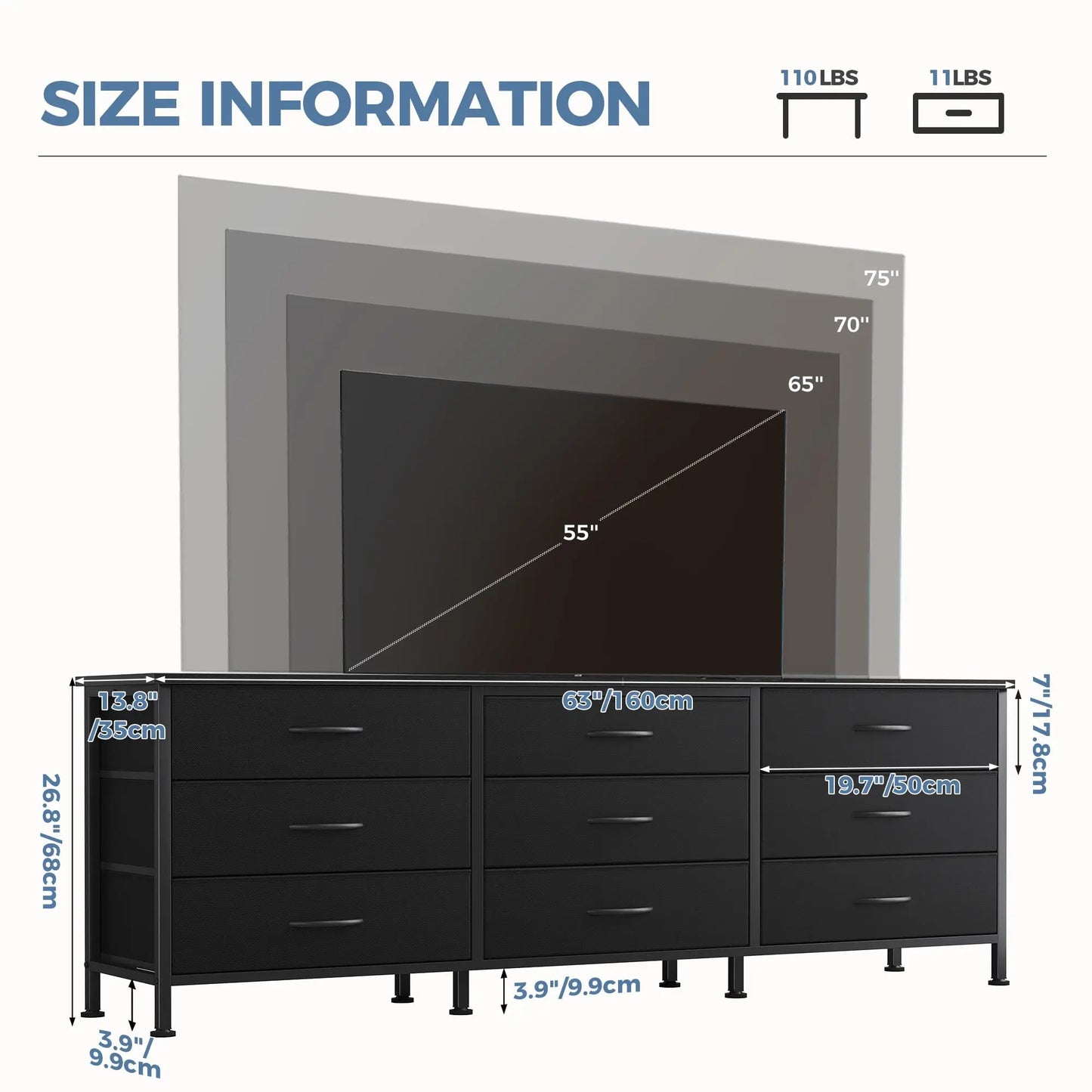 JHK Living Room Cabinet Entertainment Center With 9 Fabric Drawers