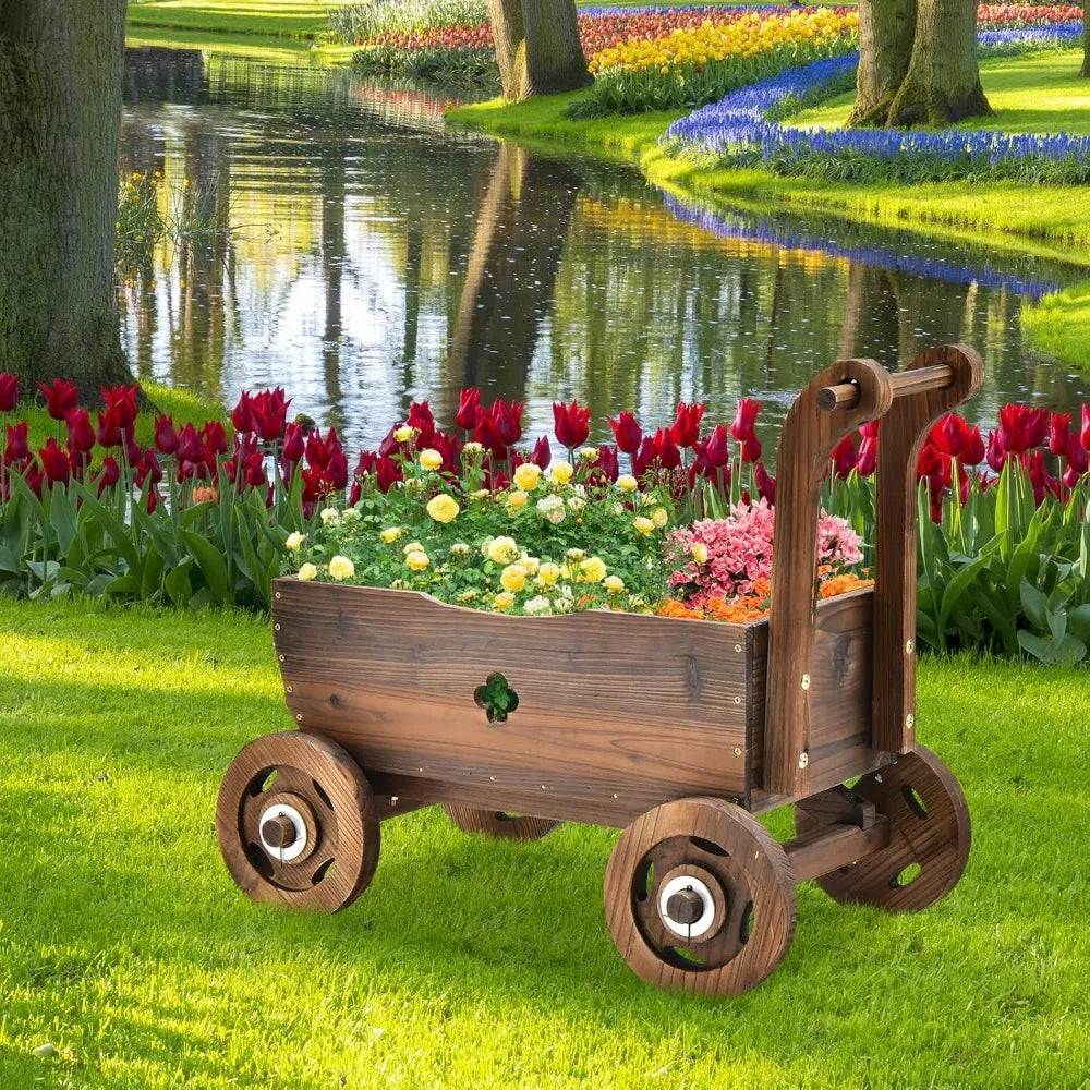 Hign Concerned Wagon Flower Planter Cart Rustic Wood Stand