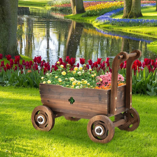 Hign Concerned Wagon Flower Planter Cart Rustic Wood Stand