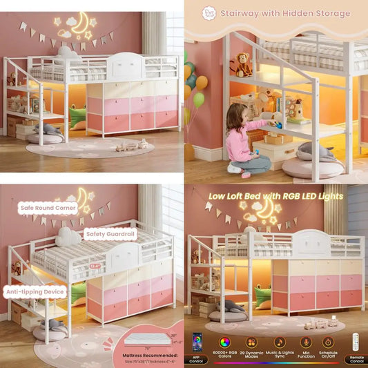 Loft Bed With Drawers, LED Lights, Metal Frame, Staircase Storage