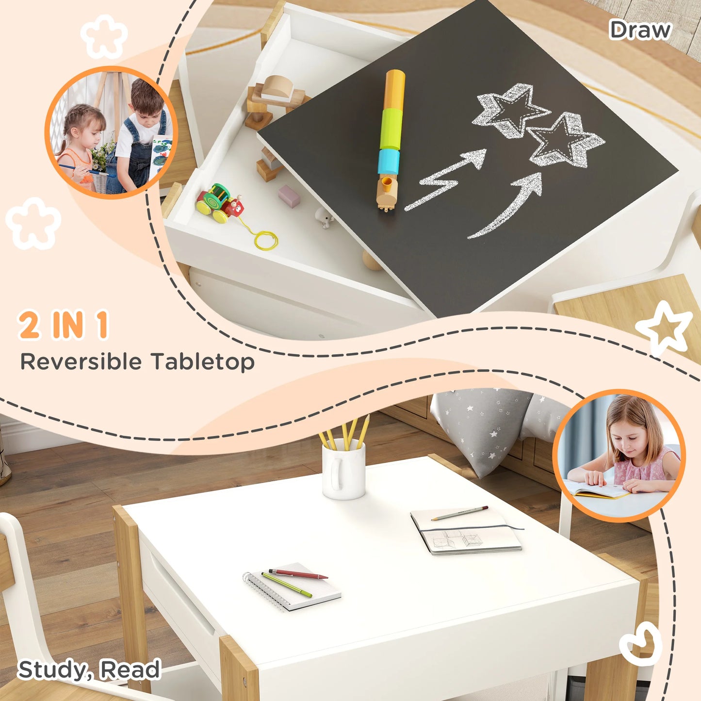 QABAH Kids Table and Chair Set with Blackboard and Storage