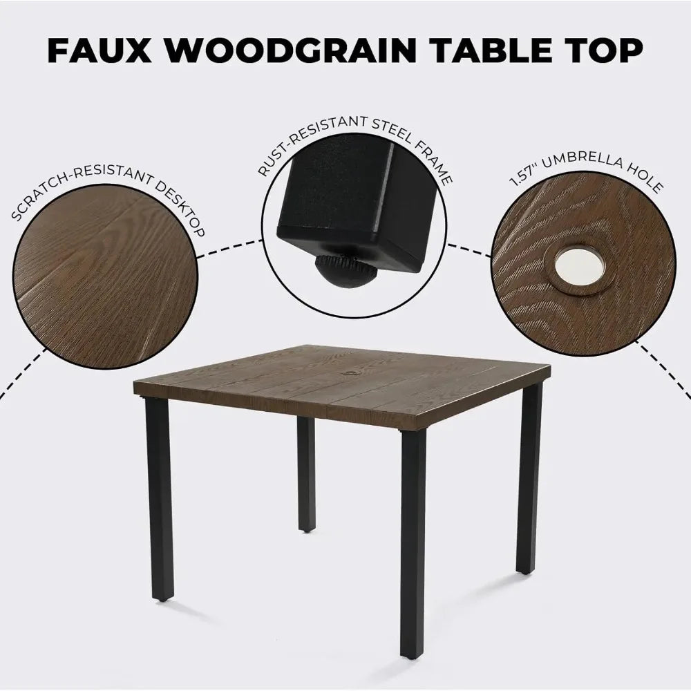 Outdoor Dining Set With Wicker Swivel Chairs And Square Woodgrain Table