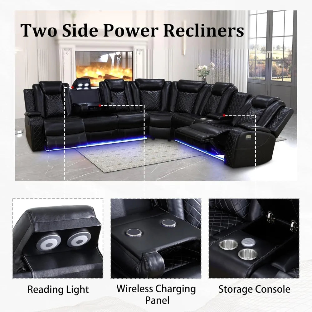 XMSJ Power Recliner Sectional Sofa With LED Lights USB Ports